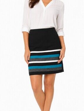 White House Black Market Stretch Knit Black Turquoise Layered Stripe Ski…